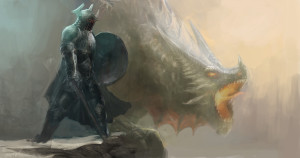 knight and dragon on cliff