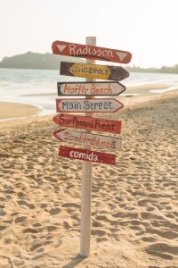 Signpost made of wood with the on the tropical beach.